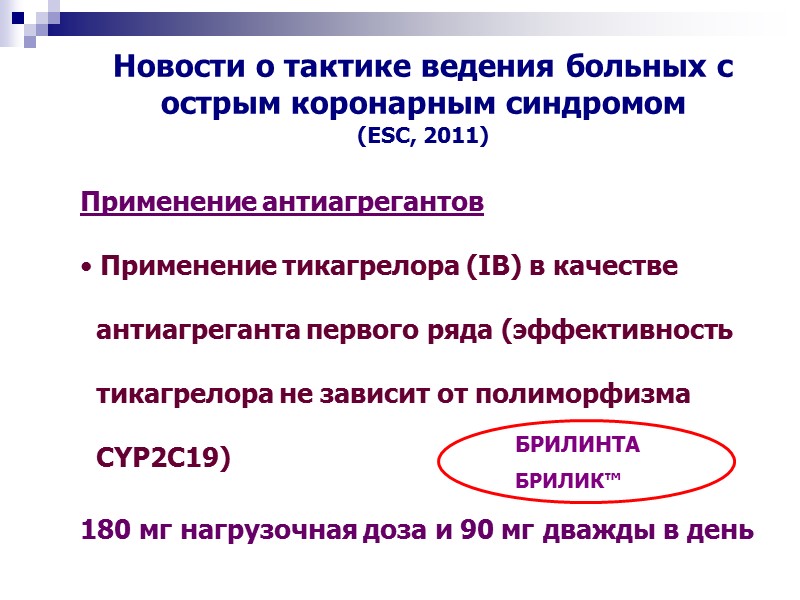 Новости о тактике ведения больных с острым коронарным синдромом  (ESC, 2011) Применение антиагрегантов